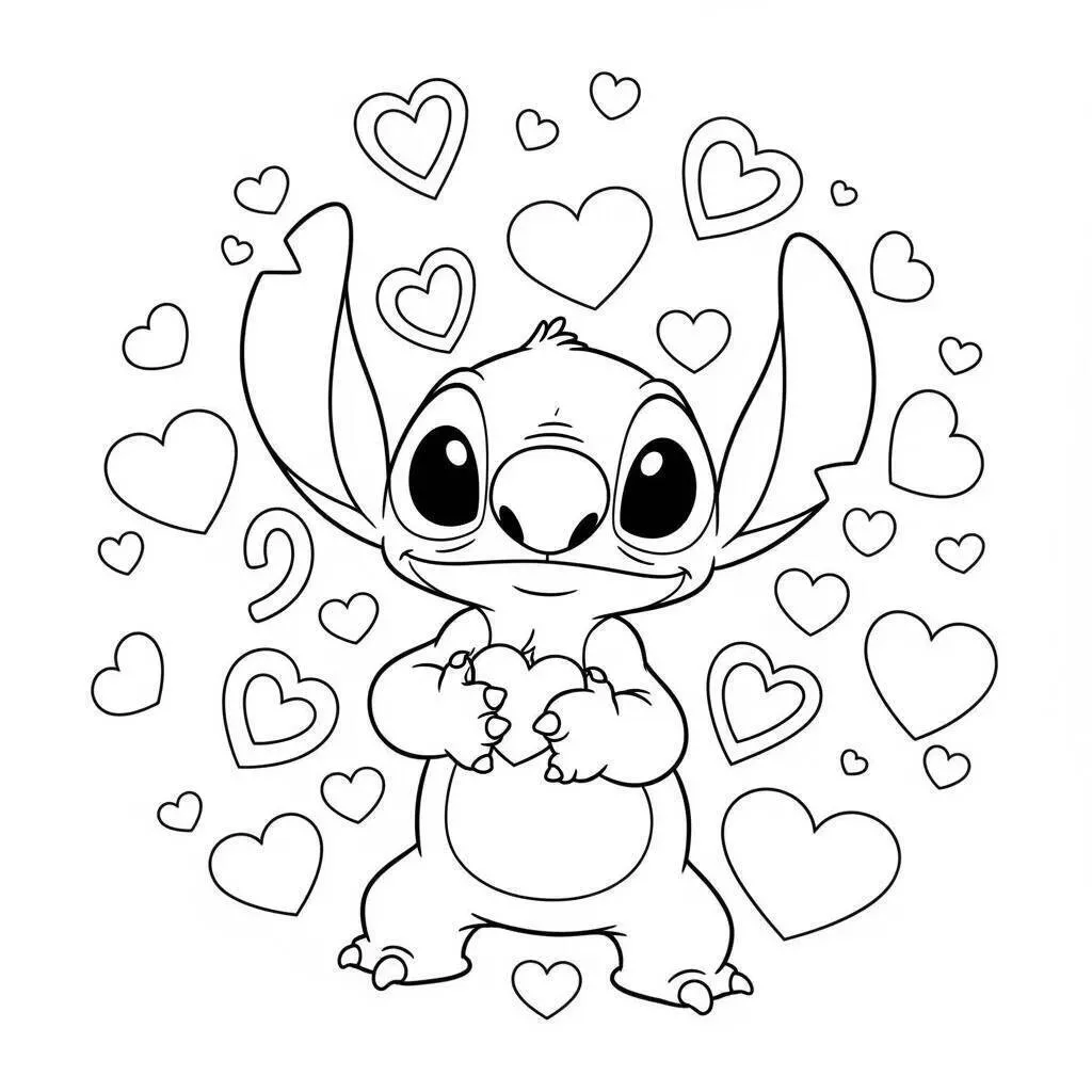 Desenho do Stitch Fofo com Corações para Colorir