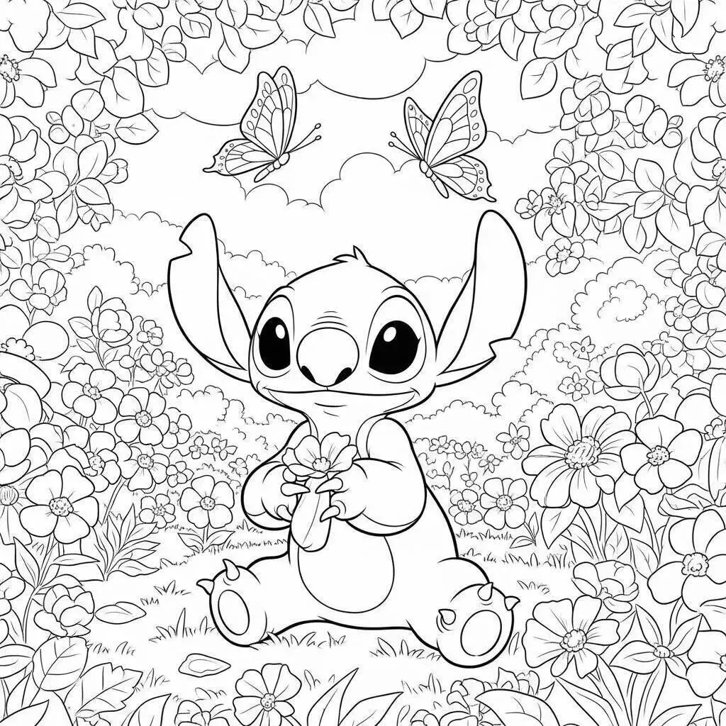 Desenho do Stitch em um Jardim Florido para Colorir