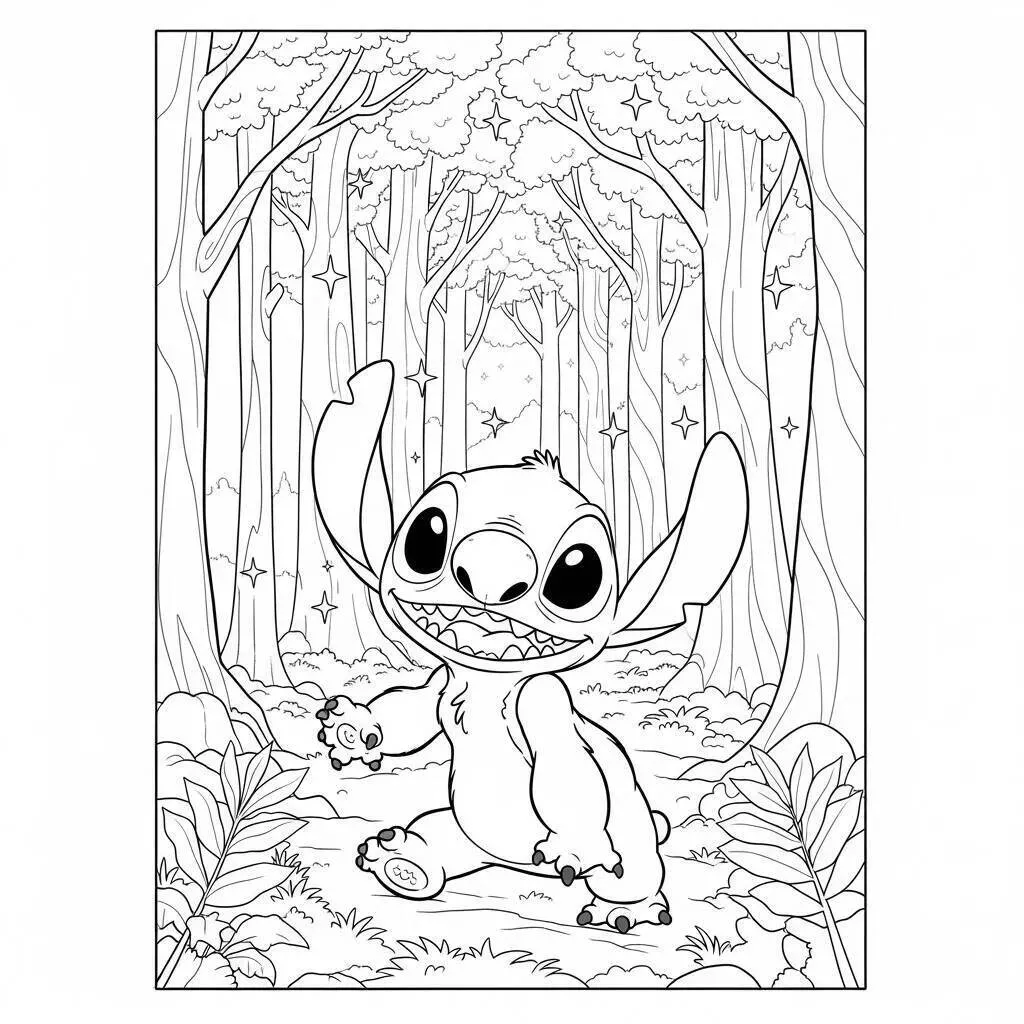 Desenho do Stitch Sorridente na Floresta para Colorir