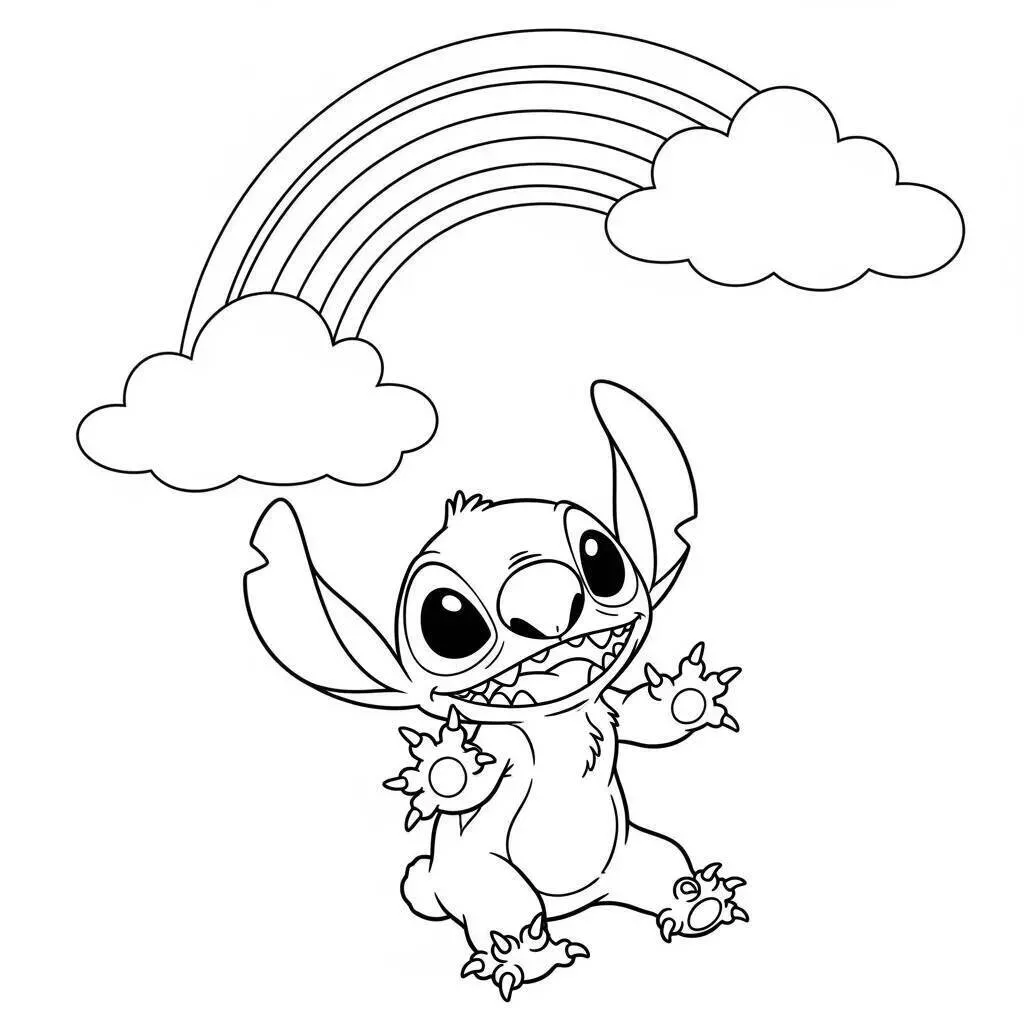 Desenho do Stitch Feliz com Arco Íris para Colorir