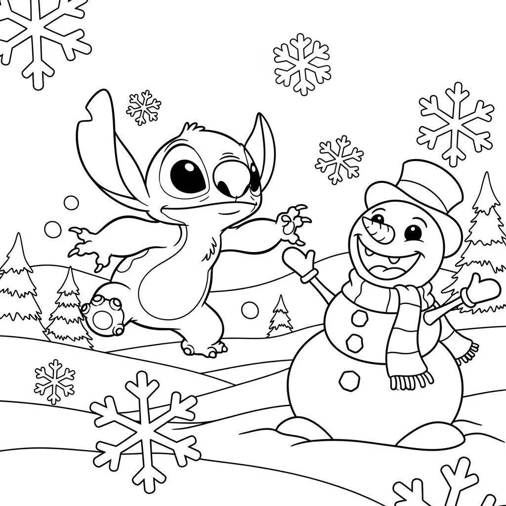 Desenho de Stitch Brincando com o Boneco de Neve para Colorir