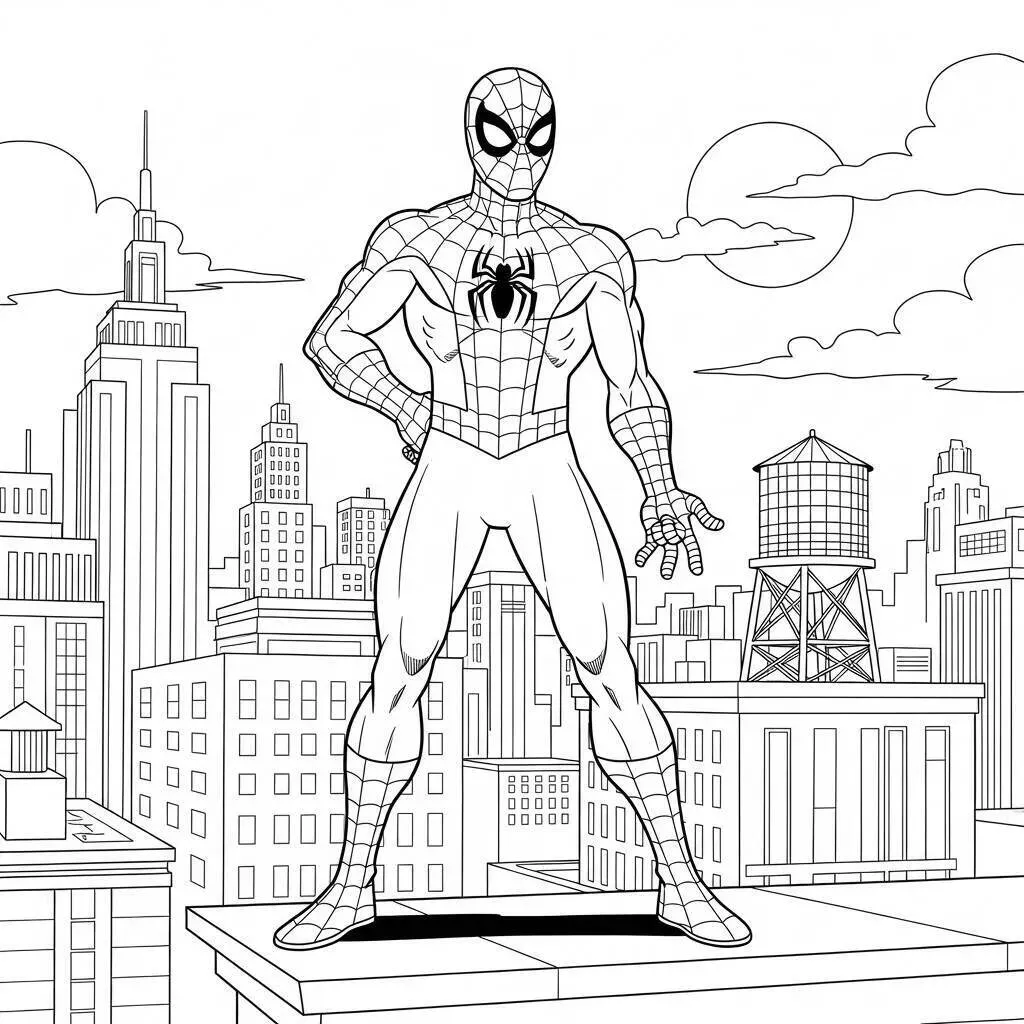 Desenho do Homem Aranha em Cima do Prédio para Colorir