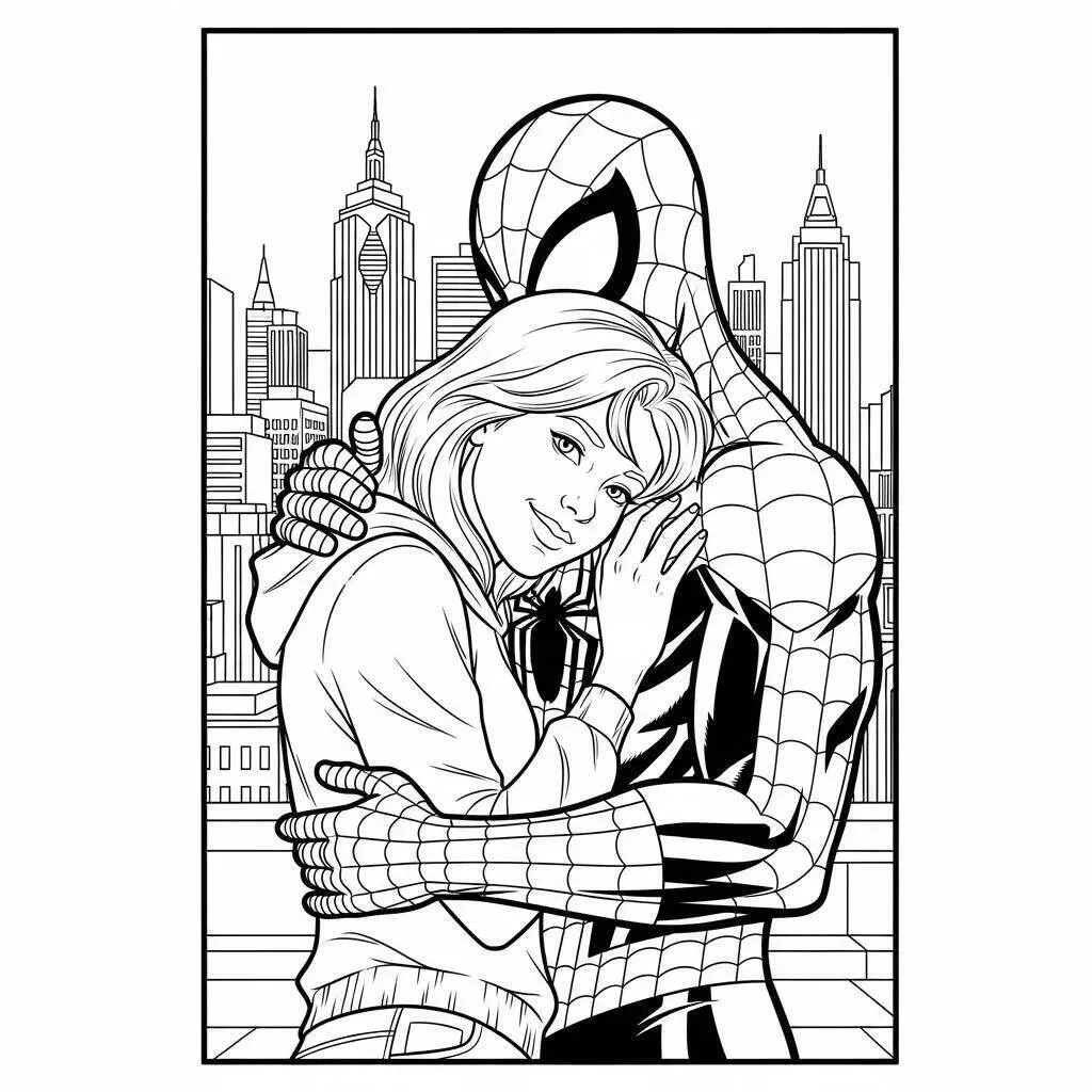 Spiderman and Mary Jane Hugging Coloring Page