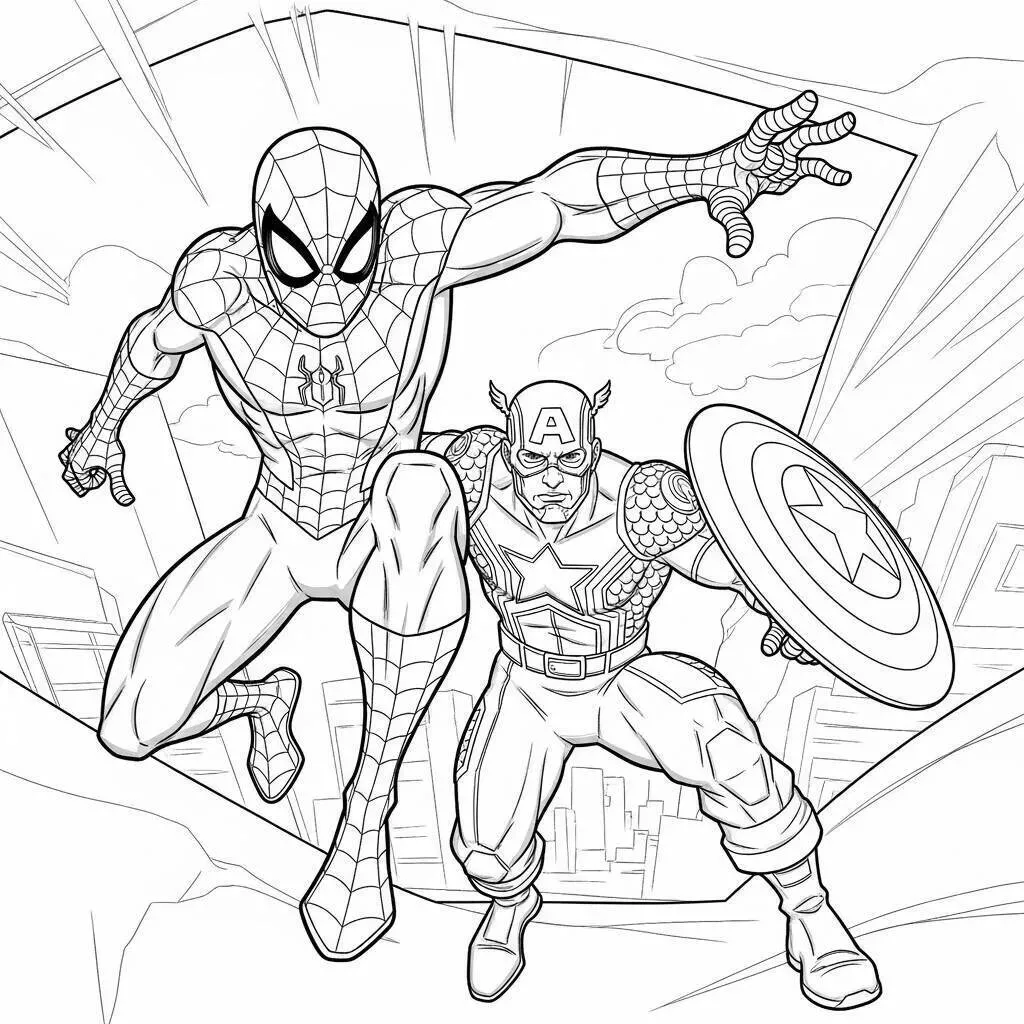 Desenho do Homem Aranha e Capitão América para Colorir