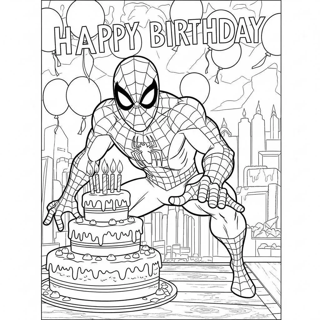 Desenho do Homem Aranha Celebrando Aniversário para Colorir