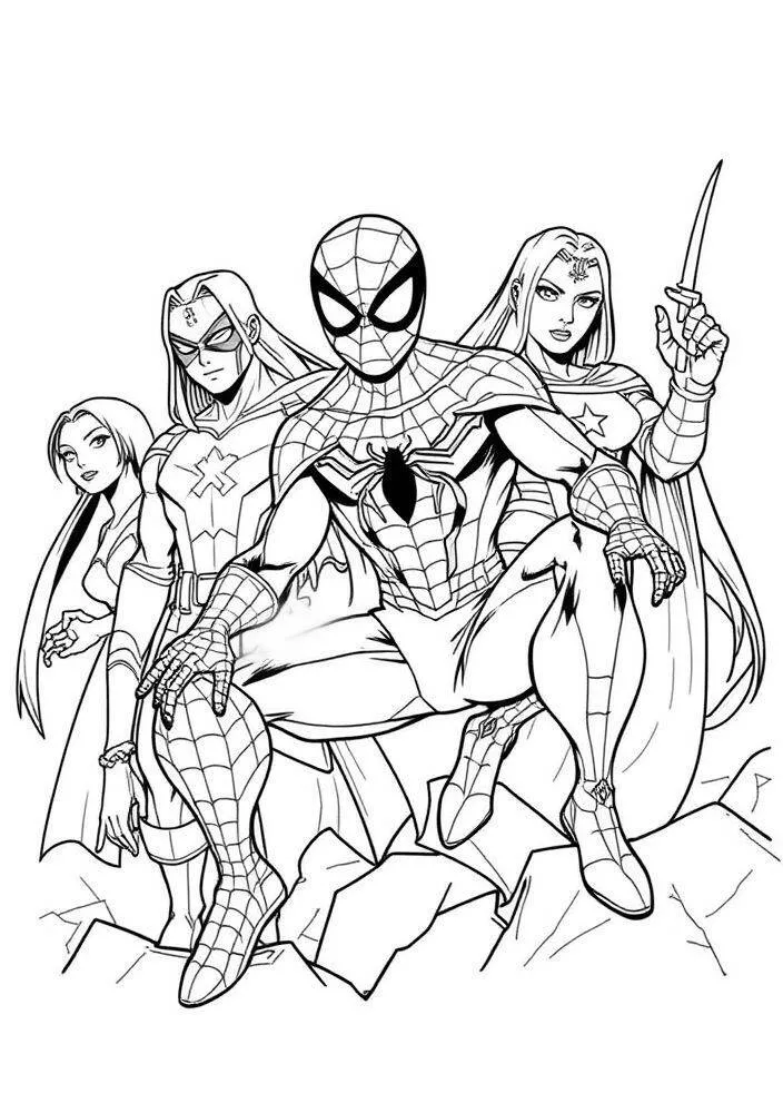 Desenho do Homem Aranha com Super Heroínas para Colorir