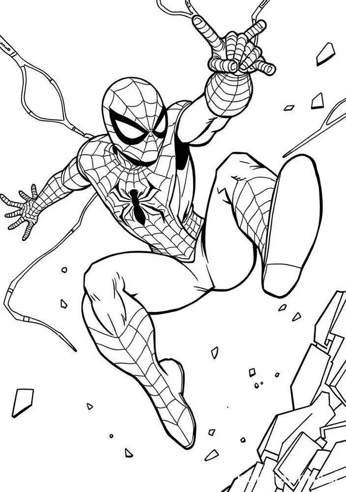 Pagina da colorare di Spiderman che salta tra gli edifici