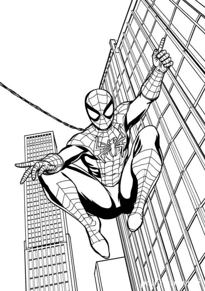Desenho do Homem Aranha Saltando entre Prédios para Colorir