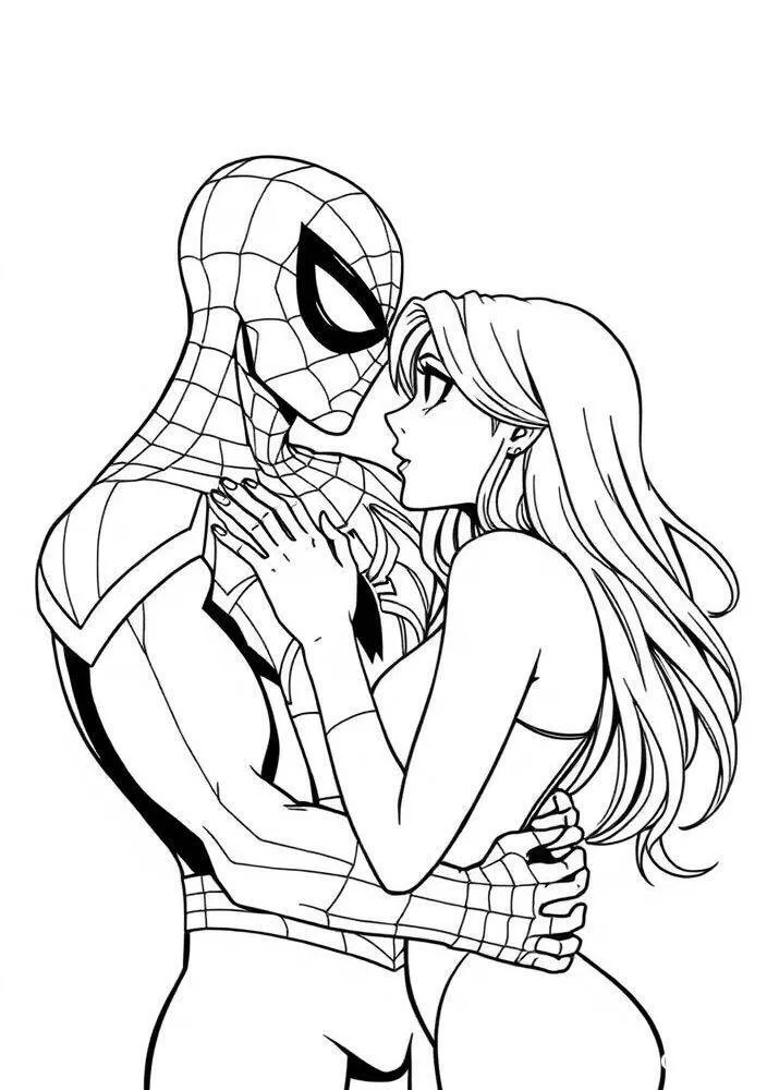 Desenho do Homem Aranha e Mary Jane se Abraçando para Colorir