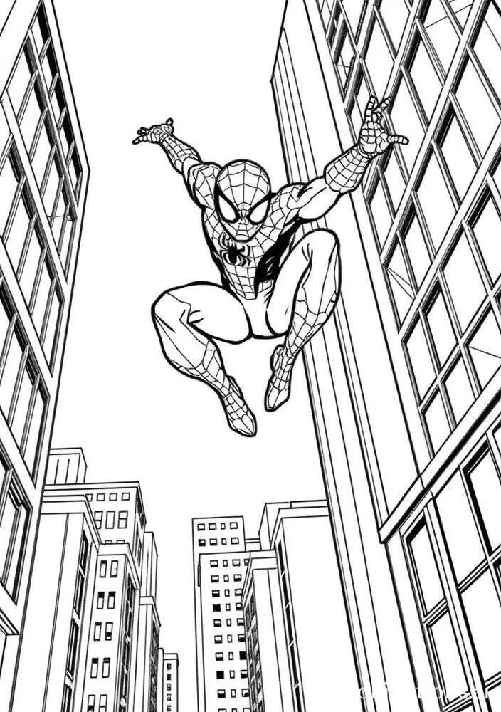 Desenho do Homem Aranha Saltando entre Prédios para Colorir