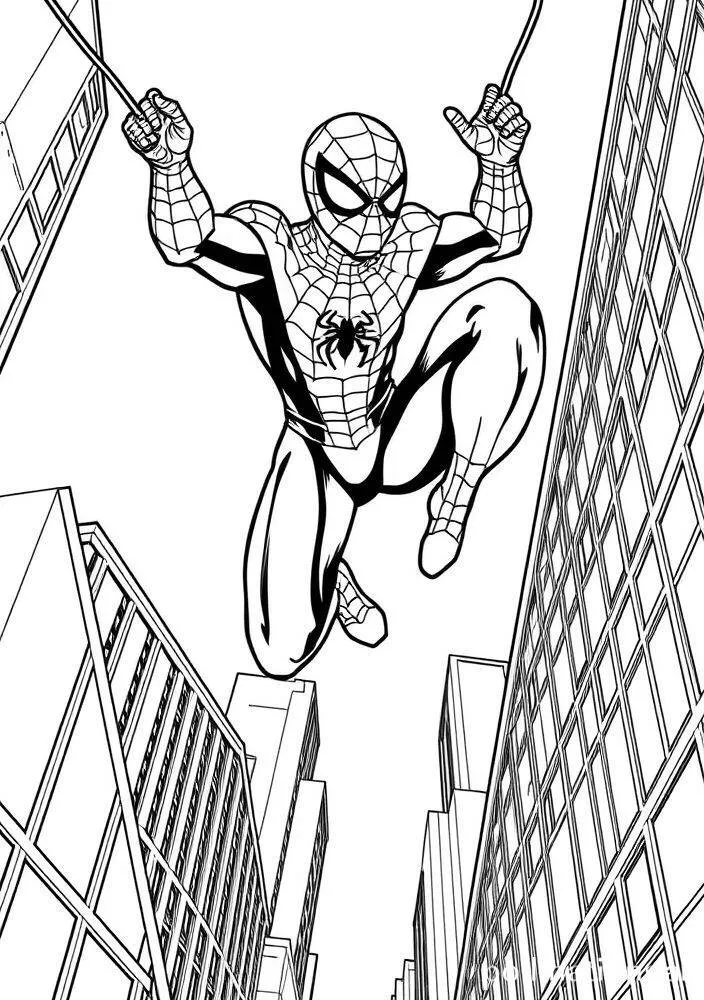 Desenho do Homem Aranha Saltando entre Prédios para Colorir