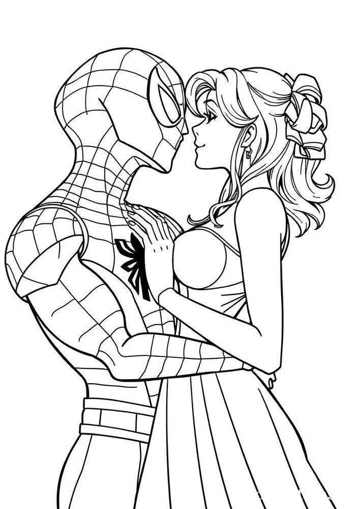 Desenho do Homem Aranha e Mary Jane se Abraçando para Colorir