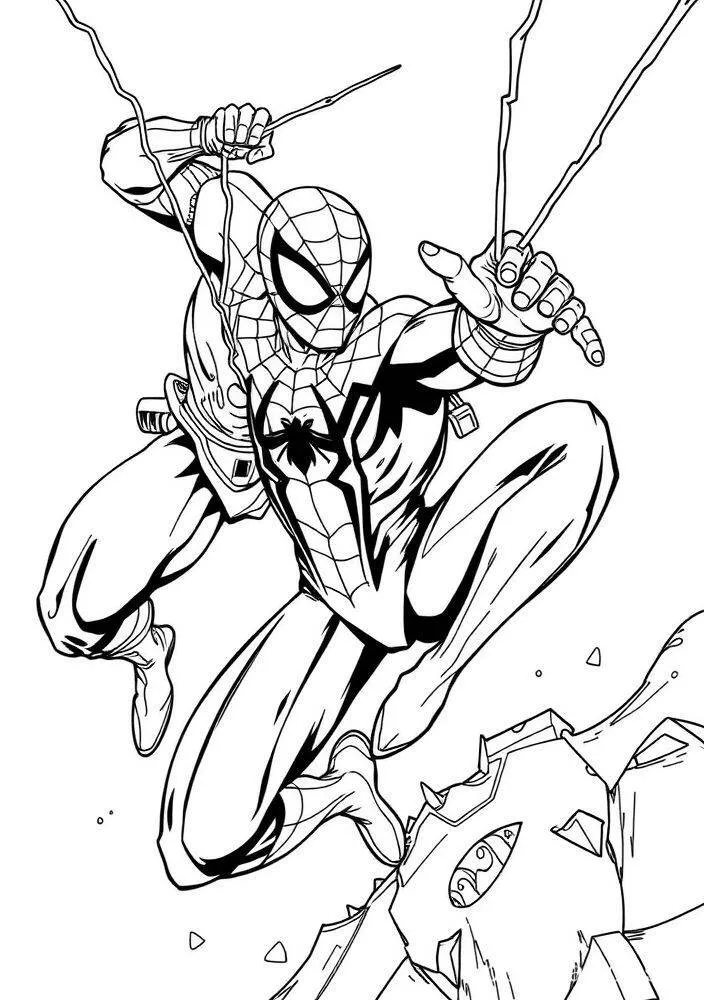 Desenho do Homem Aranha Saltando sobre os Destroços para Colorir