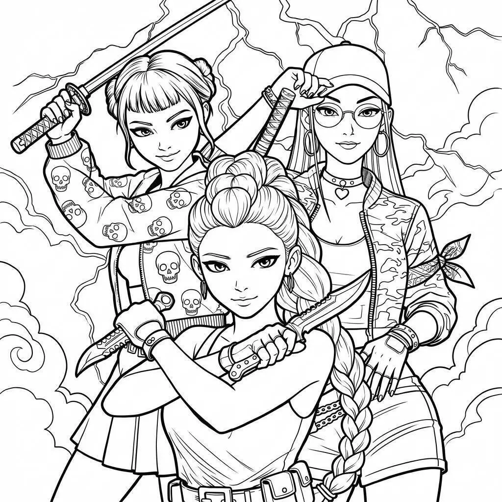 Desenho de Guerreiras do K Pop com Espadas para Colorir