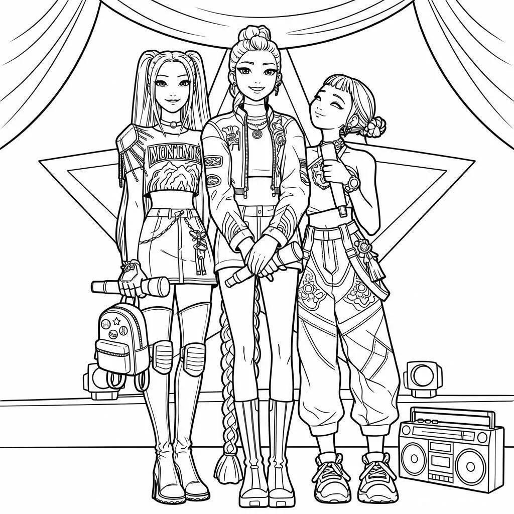 Desenho de Guerreiras do K Pop em Estilo Fashion para Colorir
