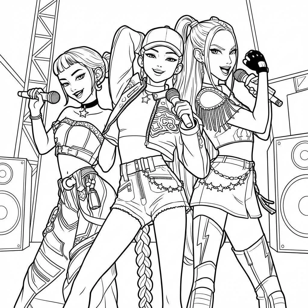 Desenho de Guerreiras do K Pop em Performance com Microfones para Colorir