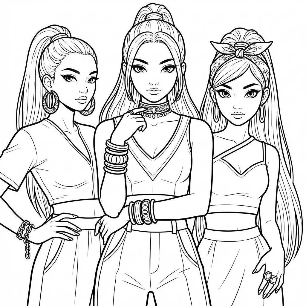 Desenho de Guerreiras do K Pop em Estilo Fashion para Colorir