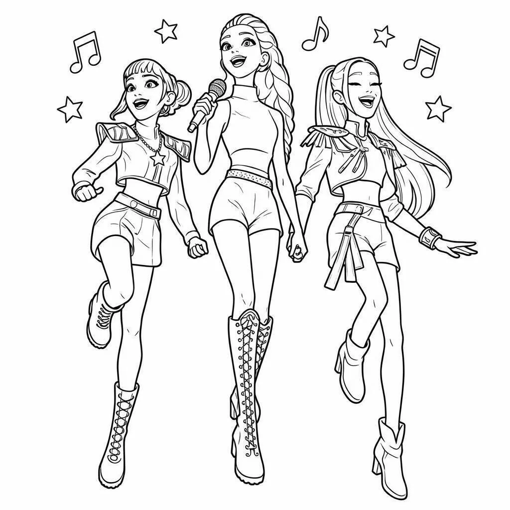Desenho de Guerreiras do K Pop Cantando em Harmonia para Colorir