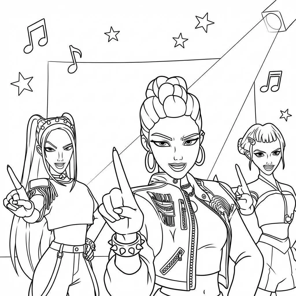 Desenho de Guerreiras do K Pop em Performance Musical para Colorir