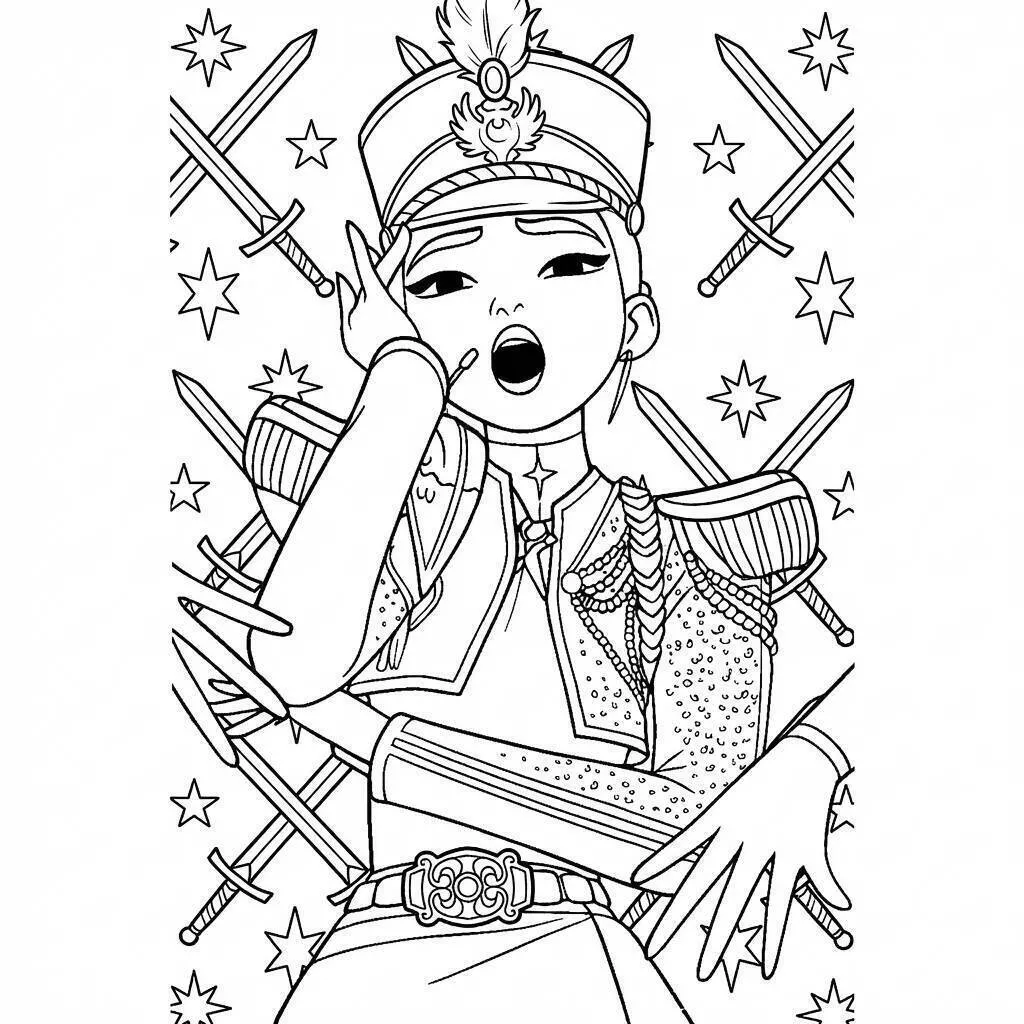 Desenho de Guerreira do K Pop Cantando com Espadas para Colorir