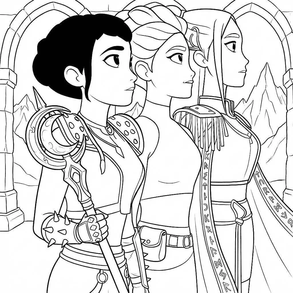 Desenho de Guerreiras do K Pop em Traje de Batalha para Colorir