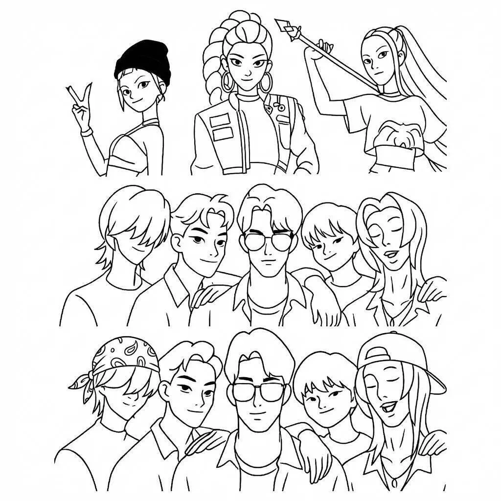 Desenho de Guerreiras do K Pop em Estilo de Grupo para Colorir