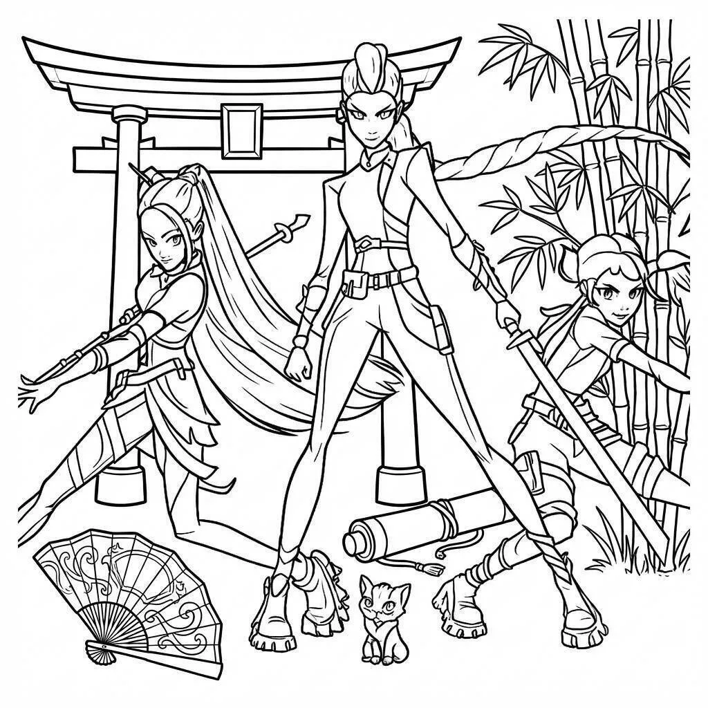 Desenho de Guerreiras do K Pop em Ação com Armas para Colorir