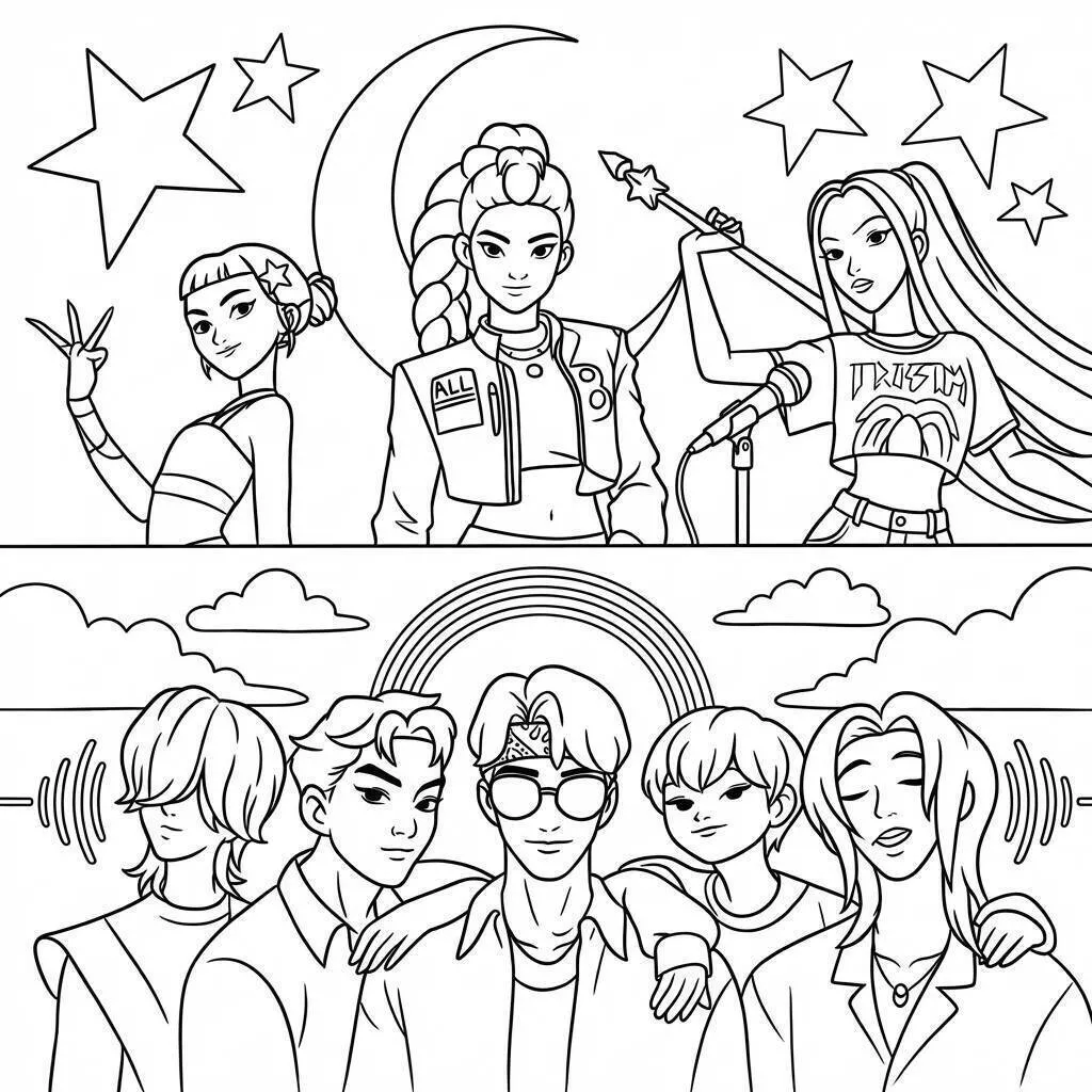 Desenho de Guerreiras do K Pop em Ação com os Saja Boys para Colorir