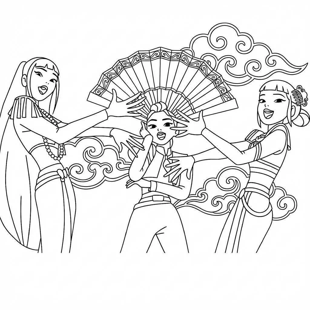 Desenho de Guerreiras do K Pop Dançando com Leques para Colorir