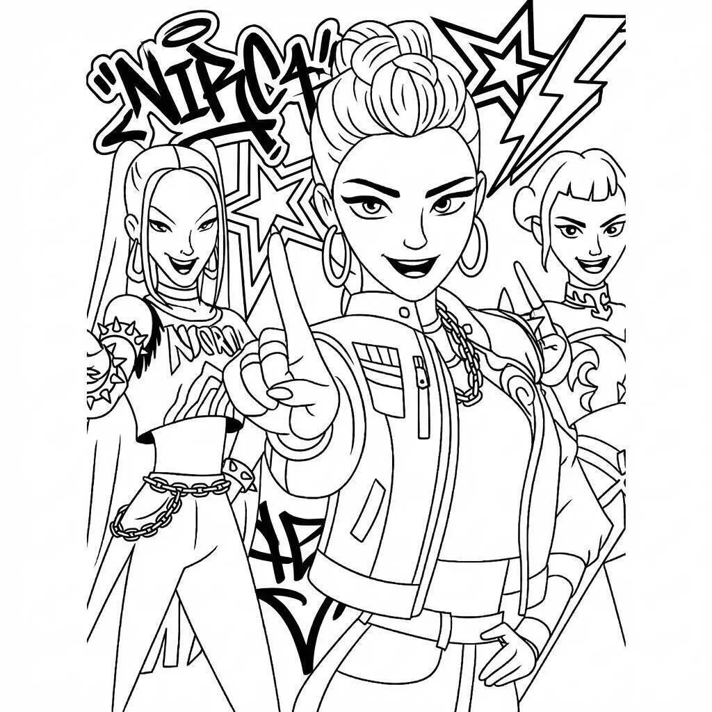 Desenho de Guerreiras do K Pop em Estilo Rebelde para Colorir