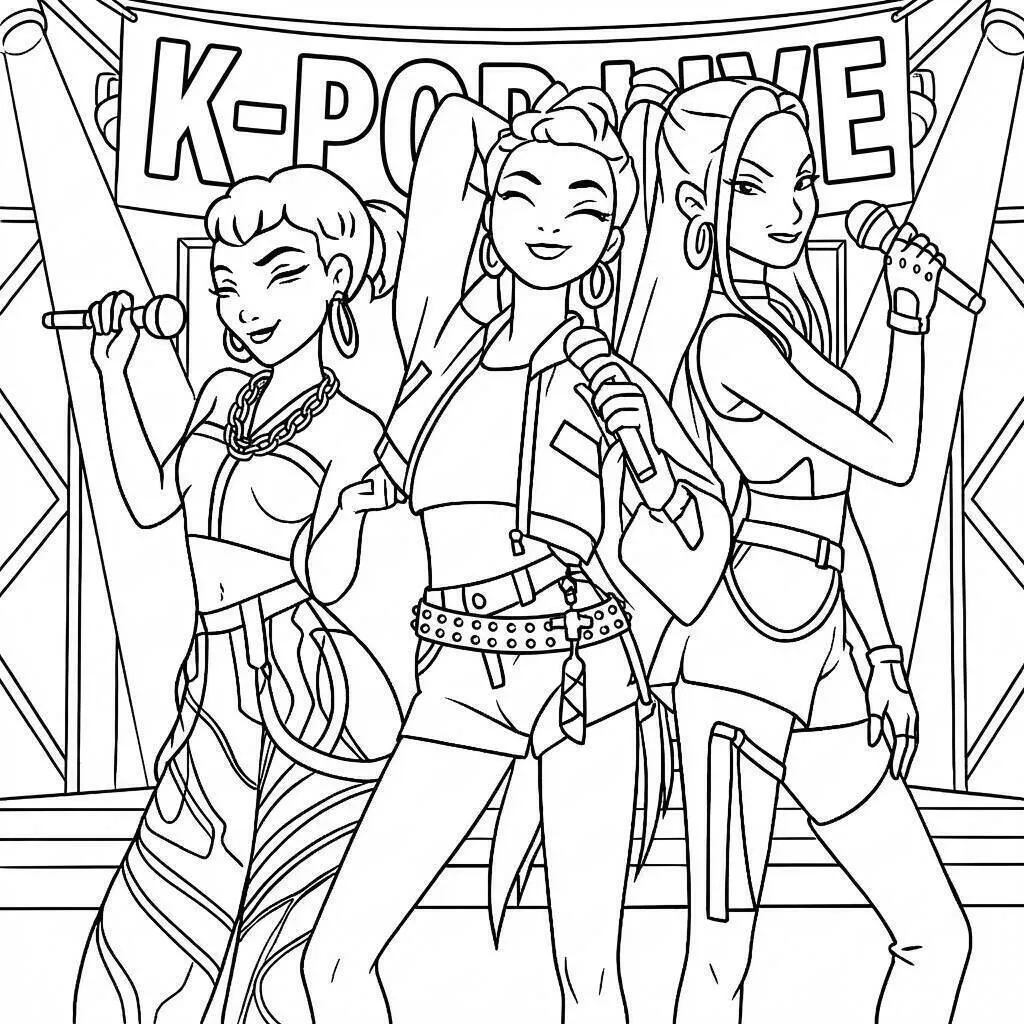 K Pop Warriors in Live Show Coloring Page
