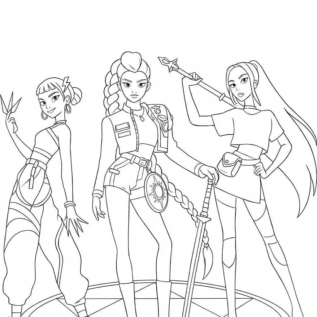 Desenho de Guerreiras do K Pop em Ação com Armas para Colorir