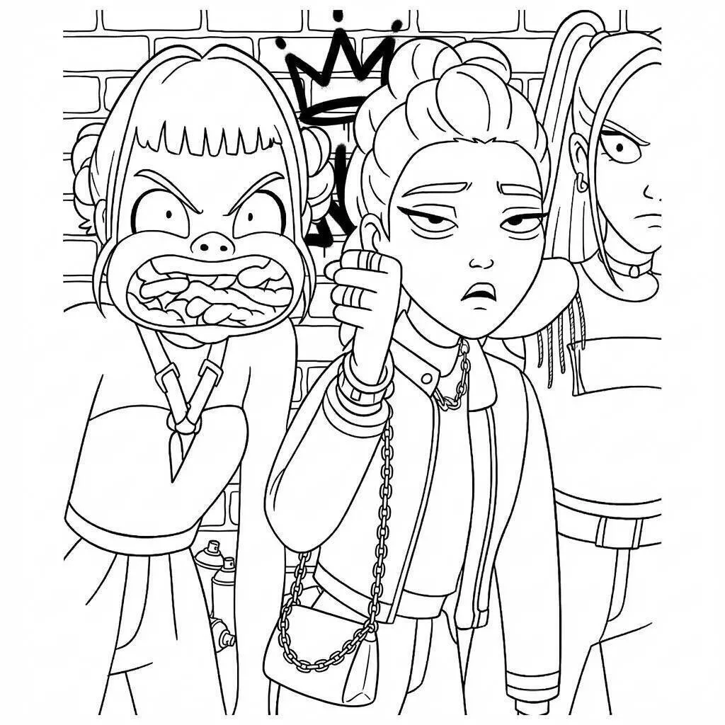Desenho de Guerreiras do K Pop com Estilo Urbano para Colorir