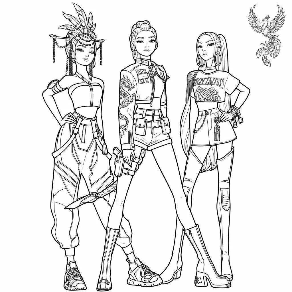 Desenho de Guerreiras do K Pop em Estilo Fashion para Colorir