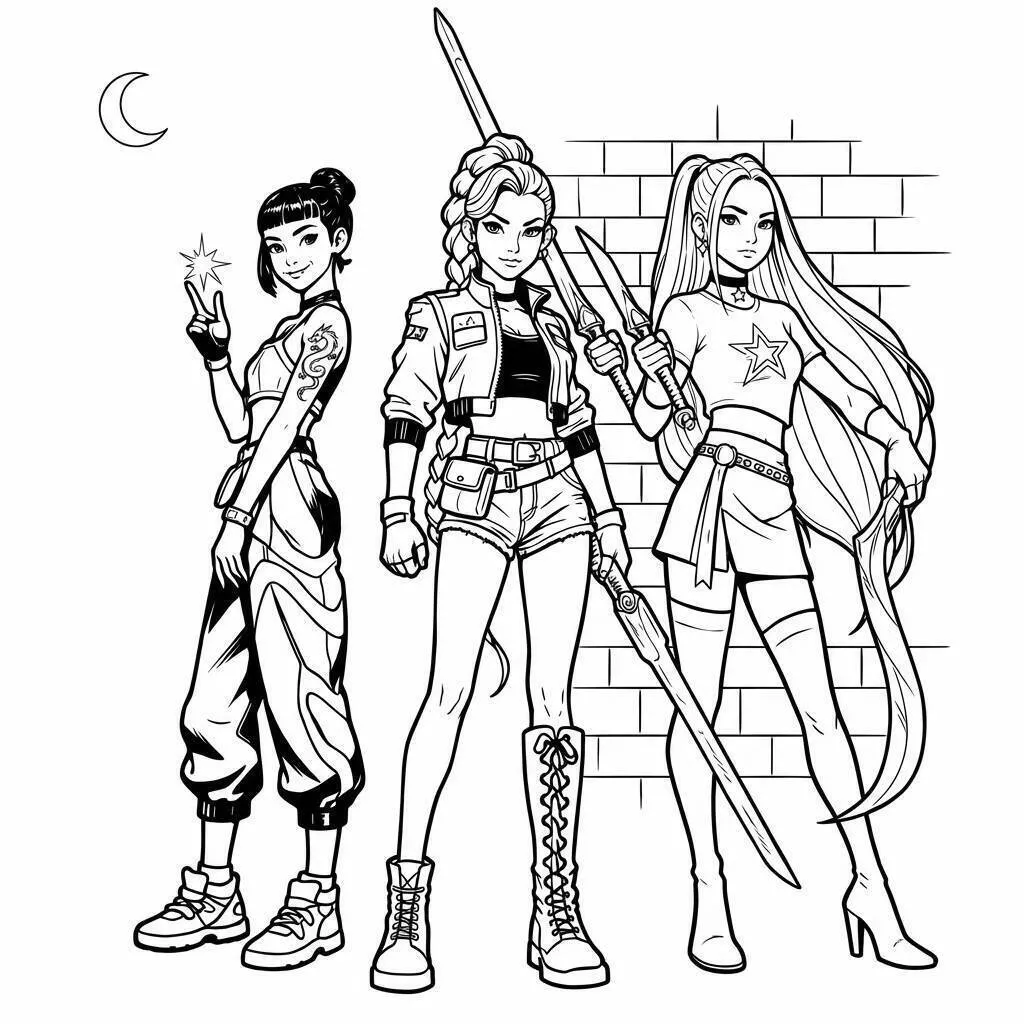Desenho de Guerreiras do K Pop em Ação com Armas para Colorir