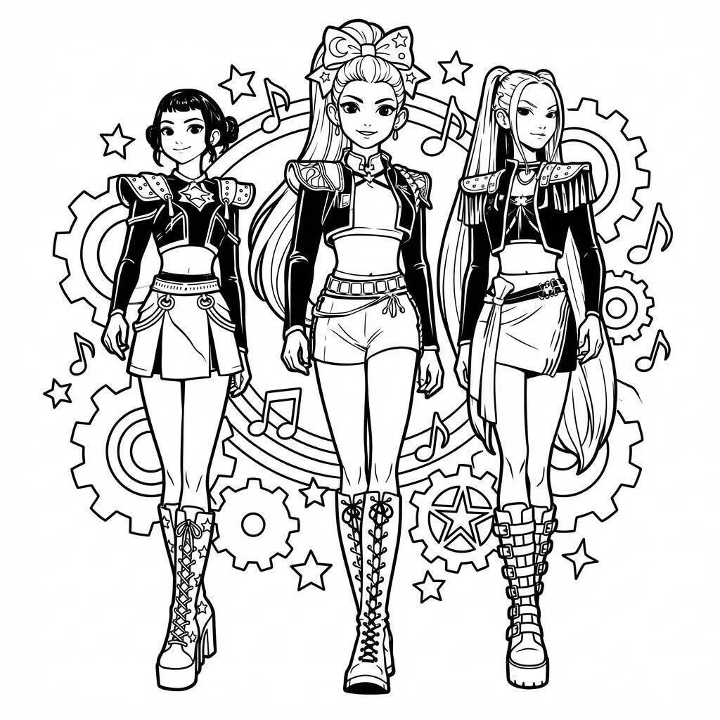 Desenho de Guerreiras do K Pop em Estilo Fashion para Colorir