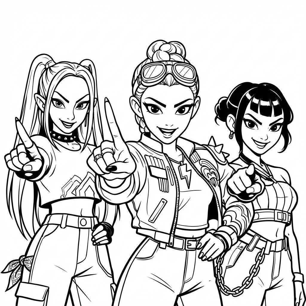 Desenho de Guerreiras do K Pop em Ação para Colorir