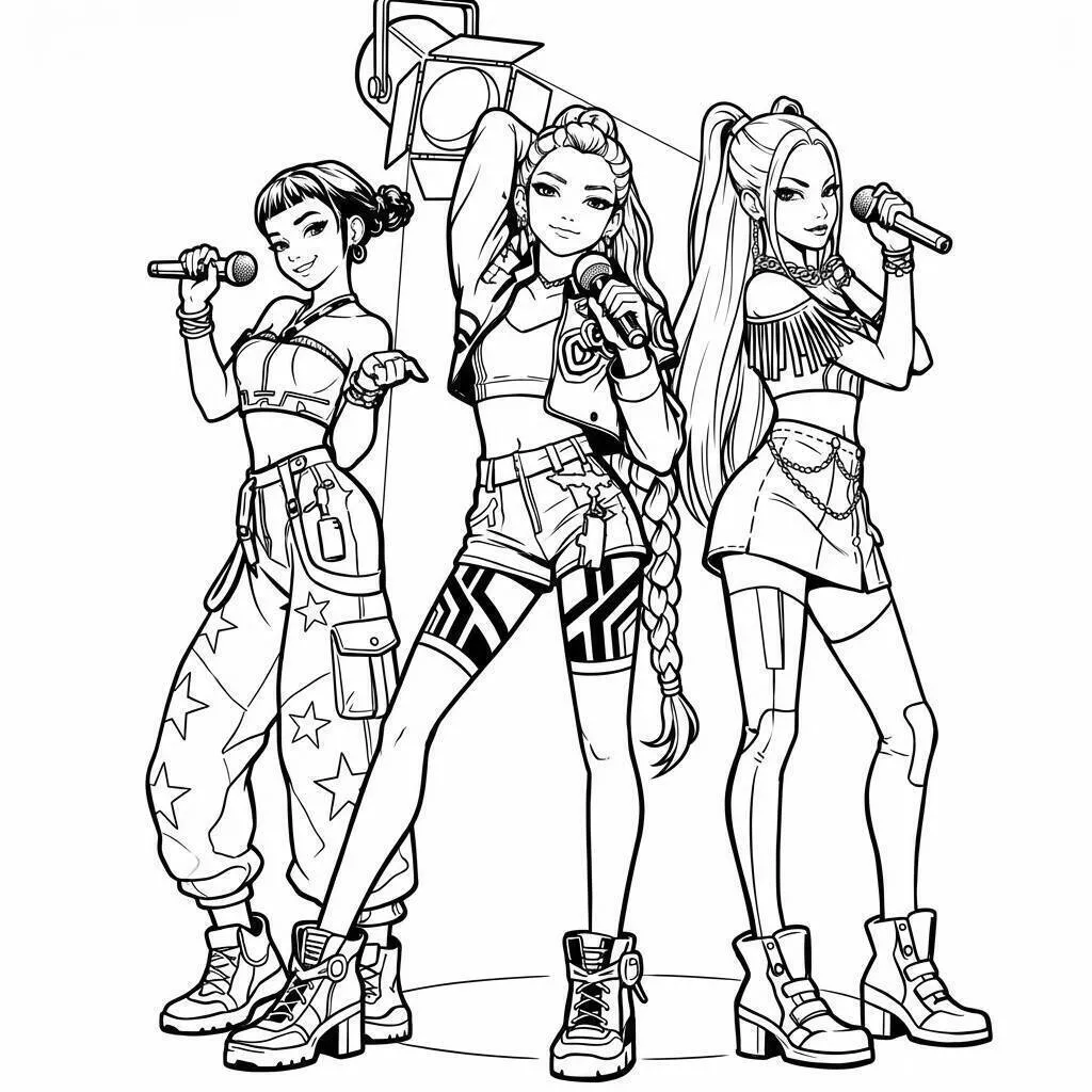 Desenho de Guerreiras do K Pop em Performance com Microfones para Colorir