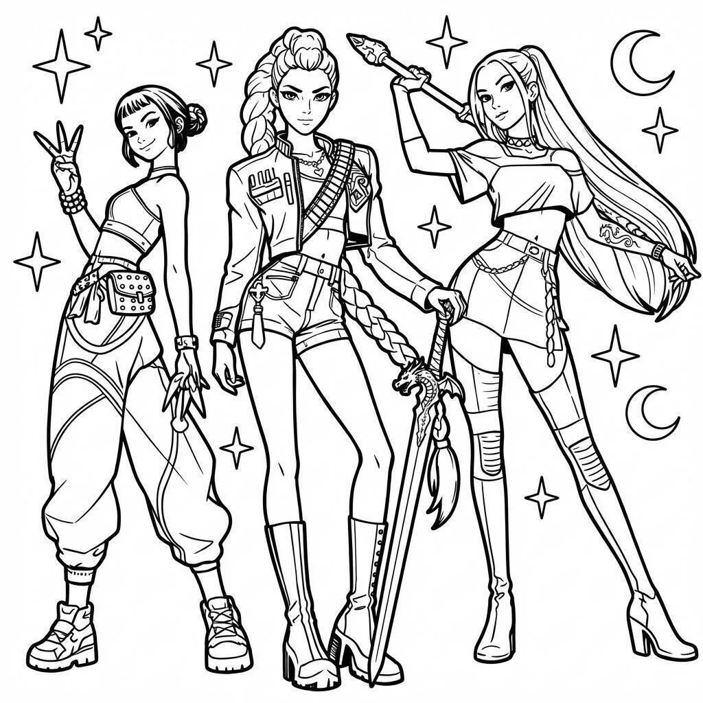 Desenho de Guerreiras do K Pop em Estilo Fashion para Colorir
