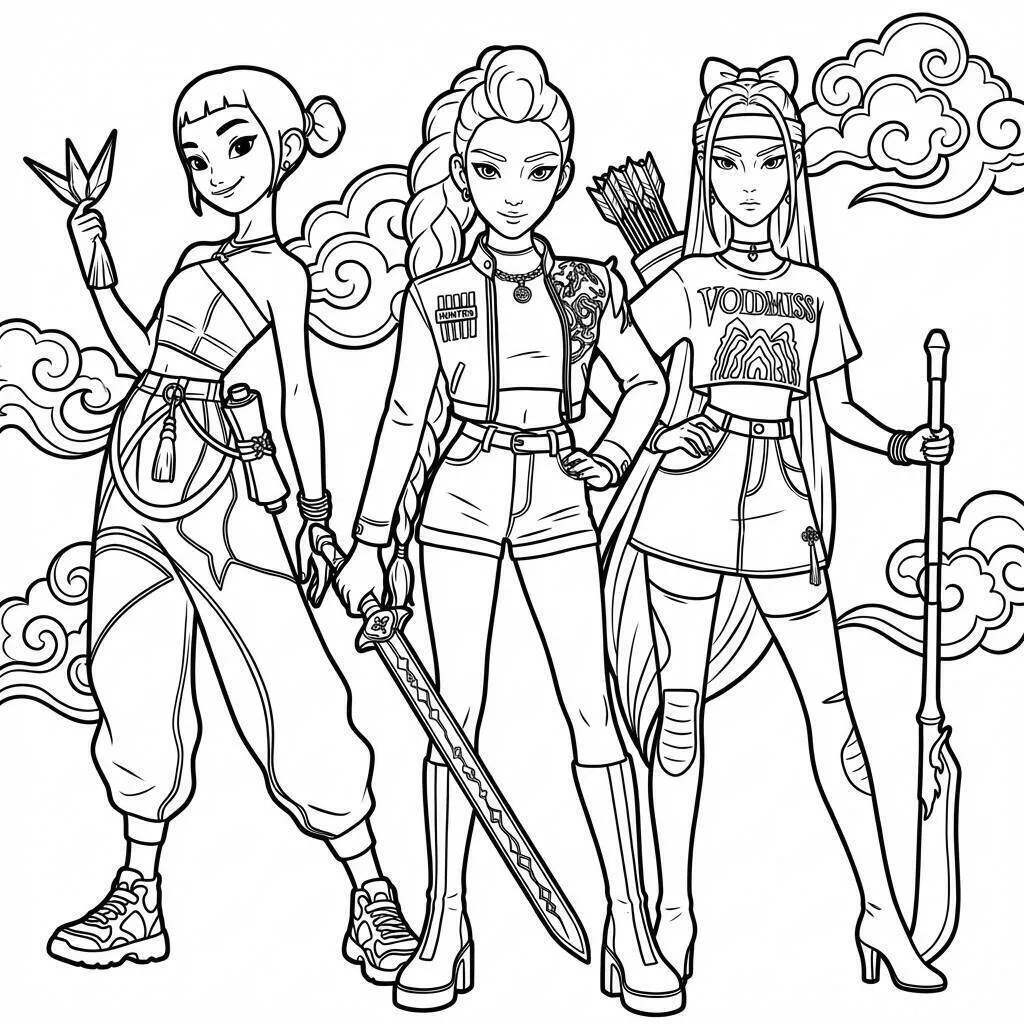 Desenho de Guerreiras do K Pop com Espadas e Arcos para Colorir