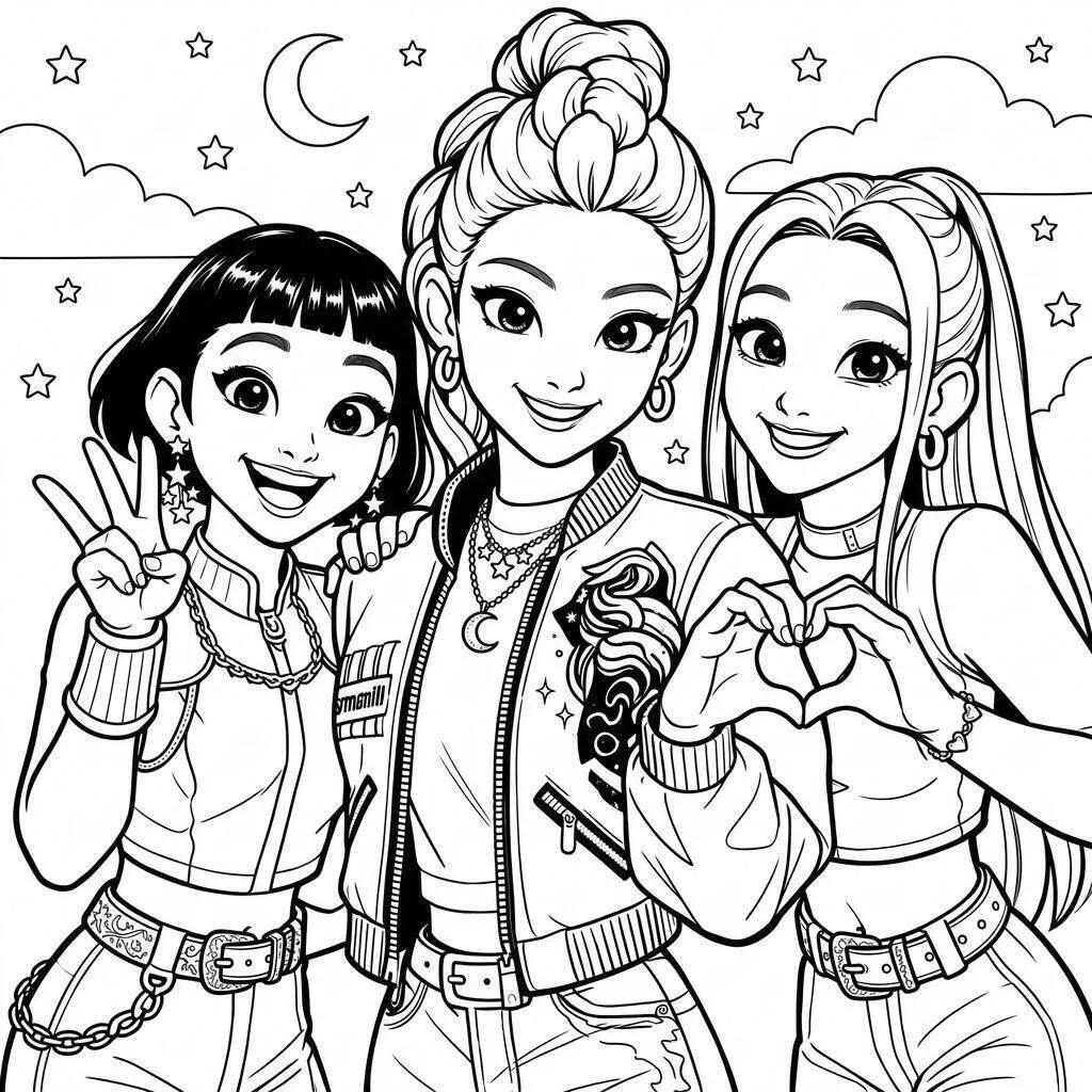 Desenho de Guerreiras do K Pop em Amizade para Colorir
