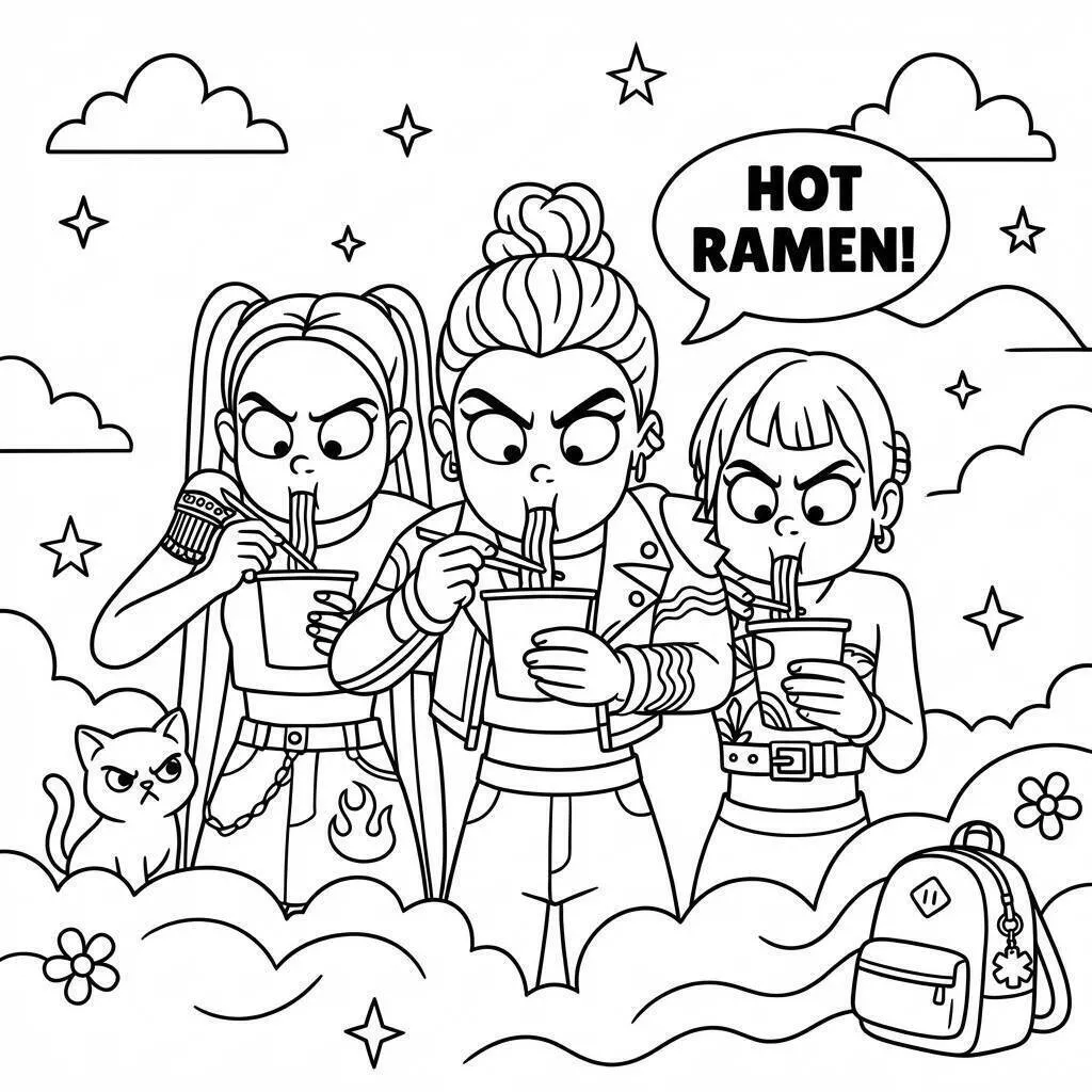 Desenho de Guerreiras do K Pop Saboreando Ramen para Colorir