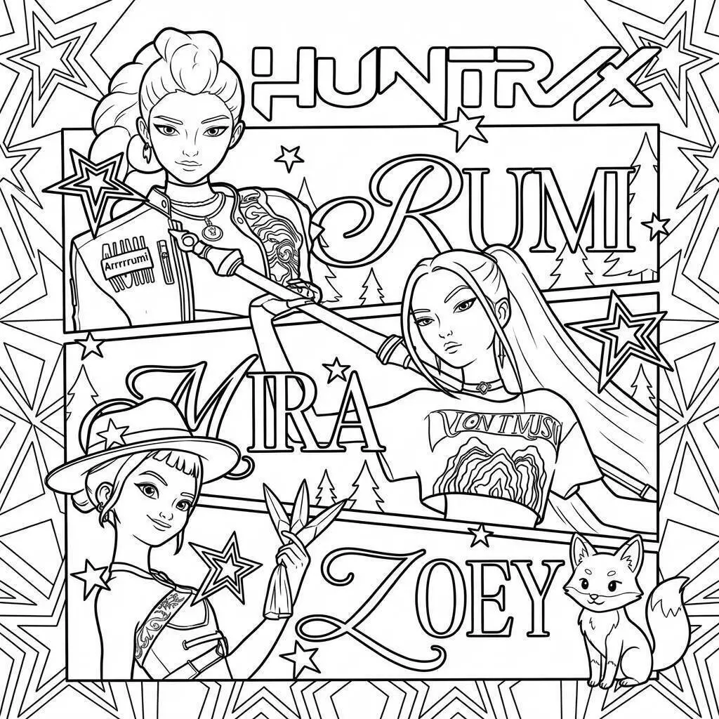 Desenho de Guerreiras do K Pop Rumi, Mira e Zoey para Colorir