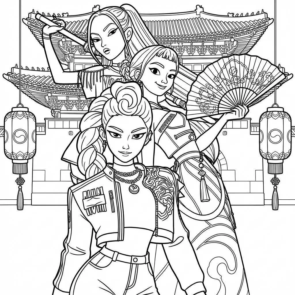 Desenho de Guerreiras do K Pop em Estilo Tradicional para Colorir