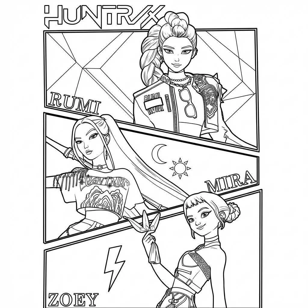 Desenho de Guerreiras do K Pop Rumi, Mira e Zoey em Ação para Colorir