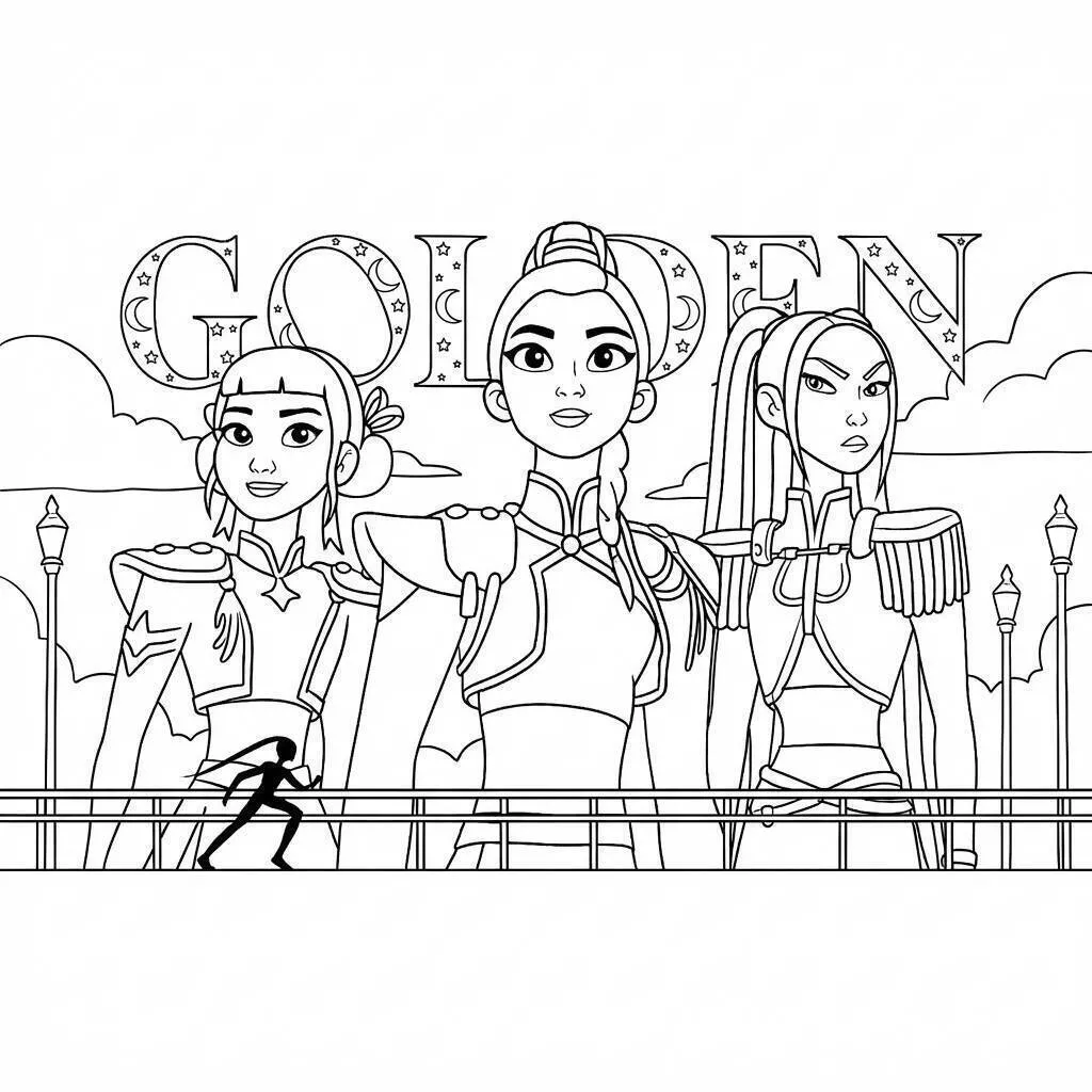 Desenho de Guerreiras do K Pop em Ação com o Tema Golden para Colorir