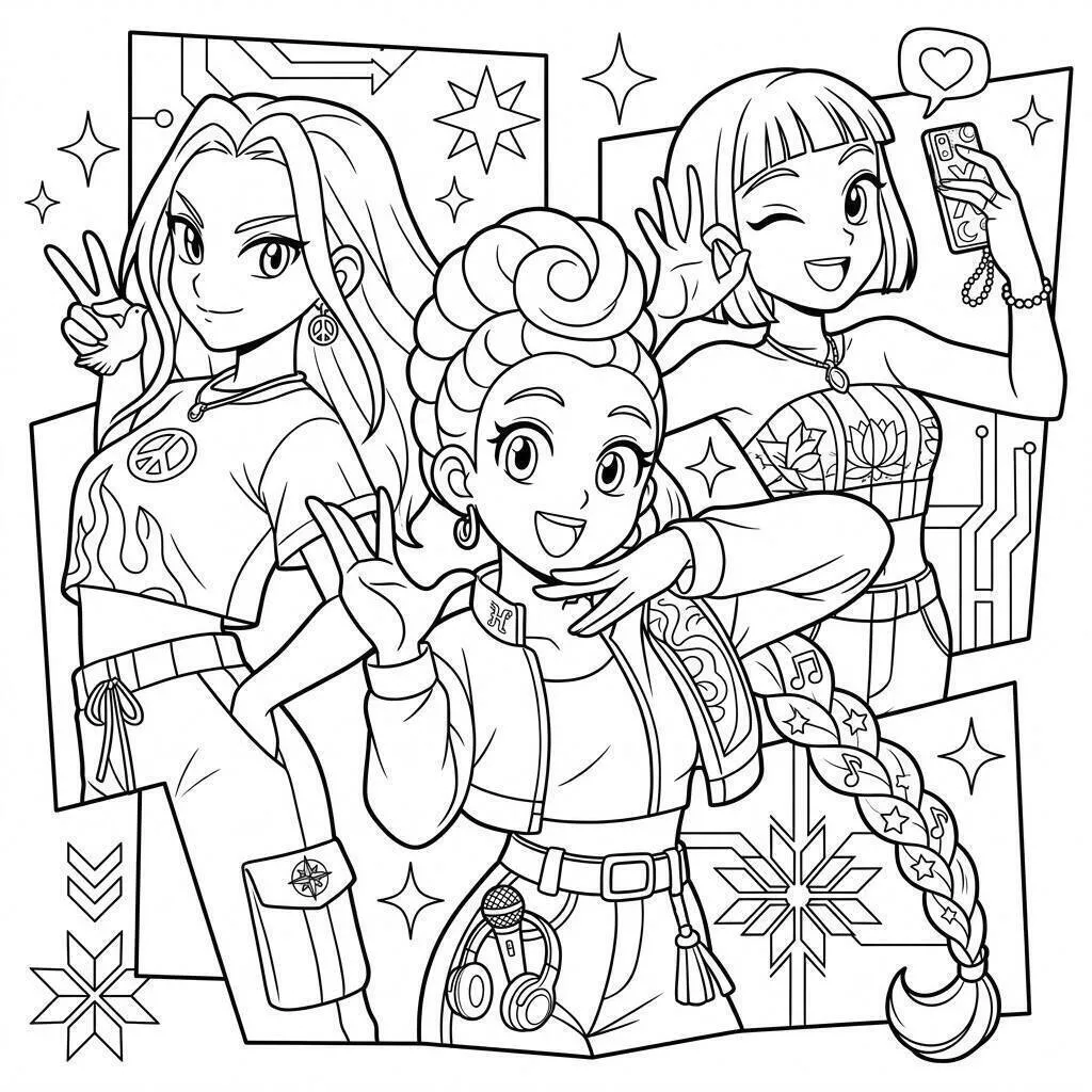 Desenho de Guerreiras do K Pop em Estilo Moderno para Colorir