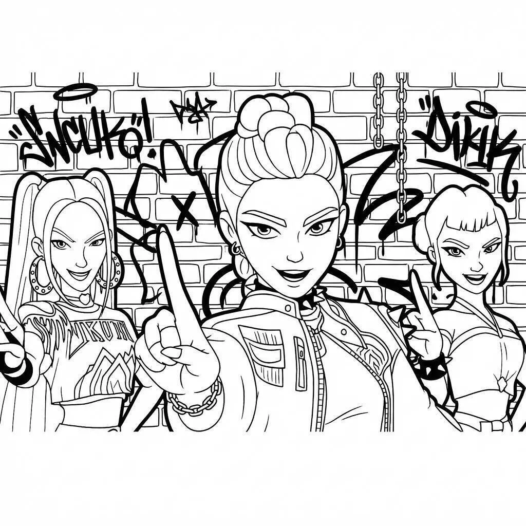 Desenho de Guerreiras do K Pop em Estilo Urbano para Colorir
