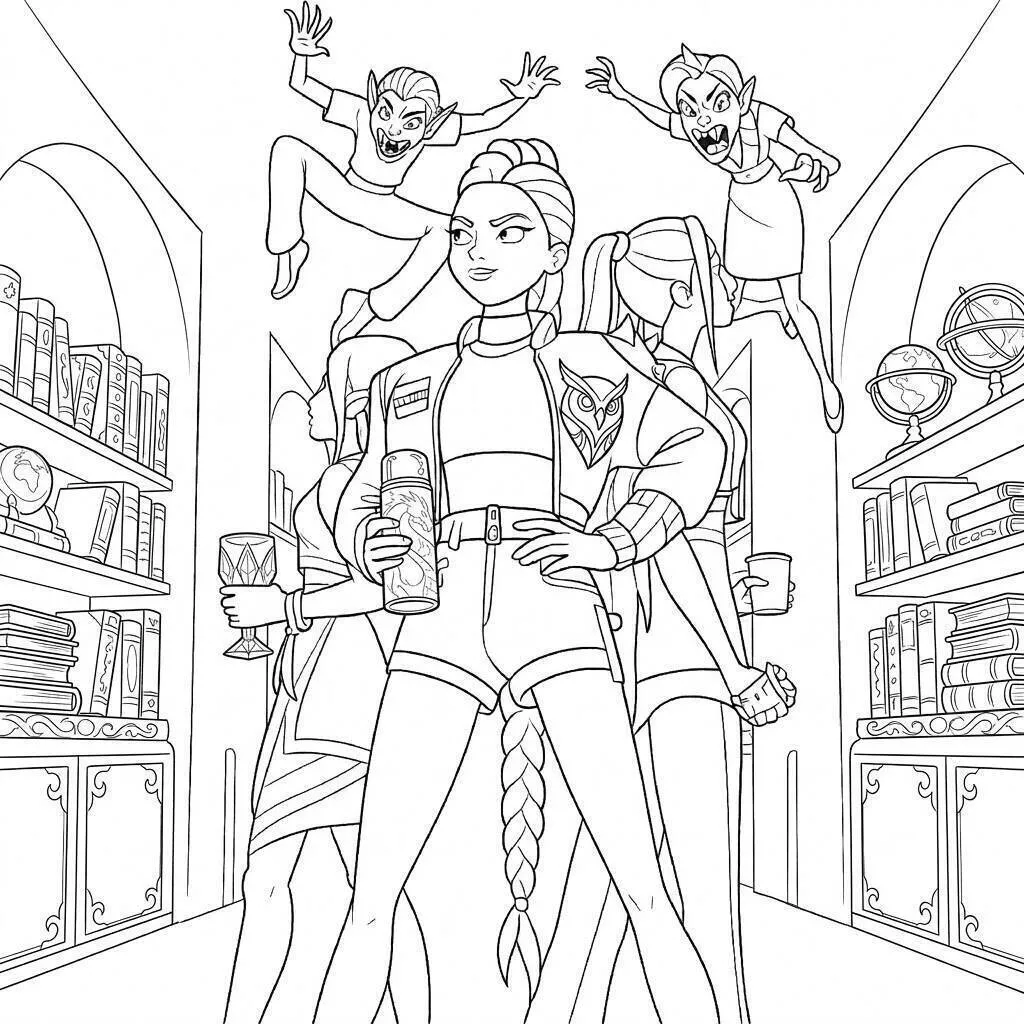Desenho de Guerreiras do K Pop em Biblioteca com Estilo para Colorir
