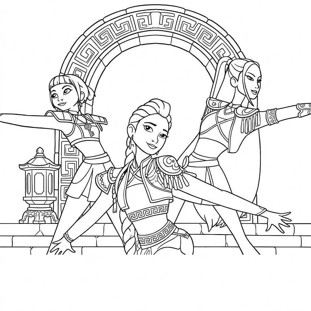 Desenho de Guerreiras do K Pop em Pose de Dança para Colorir